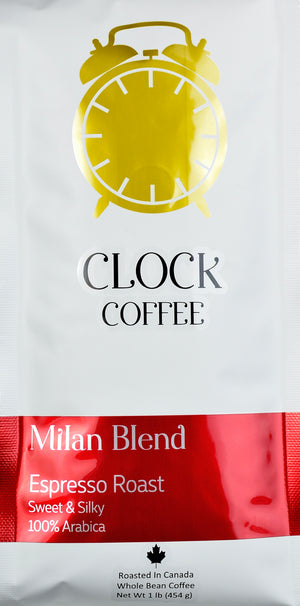 Open image in slideshow, Clock Coffee, Milan Blend, Espresso Roast, Whole Bean, 100% Arabica Coffee
